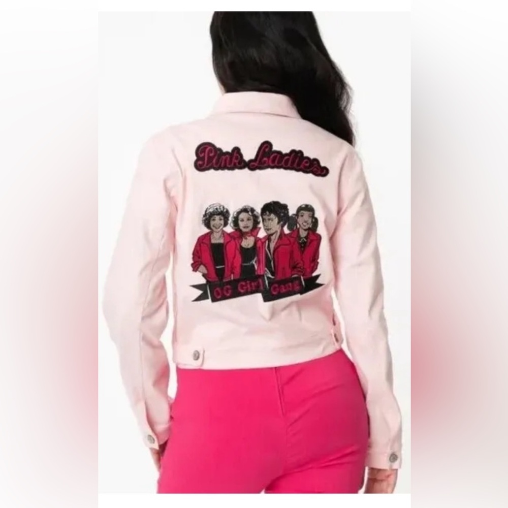 50s Grease Pink Ladies Denim Jacket in Pink button up size 10/12 Med/Lg